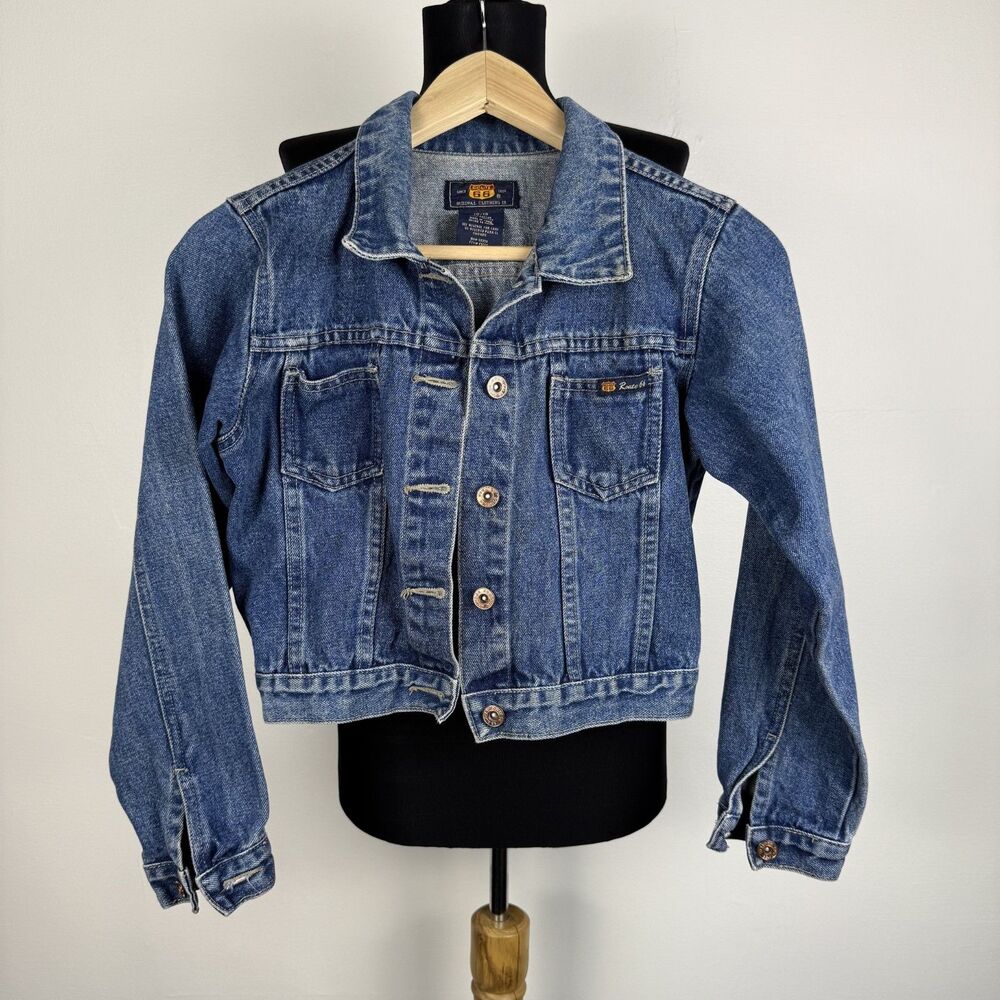 Vintage Route 66 Denim Jean Jacket | Kids Youth M-L, Womens XXS-XS